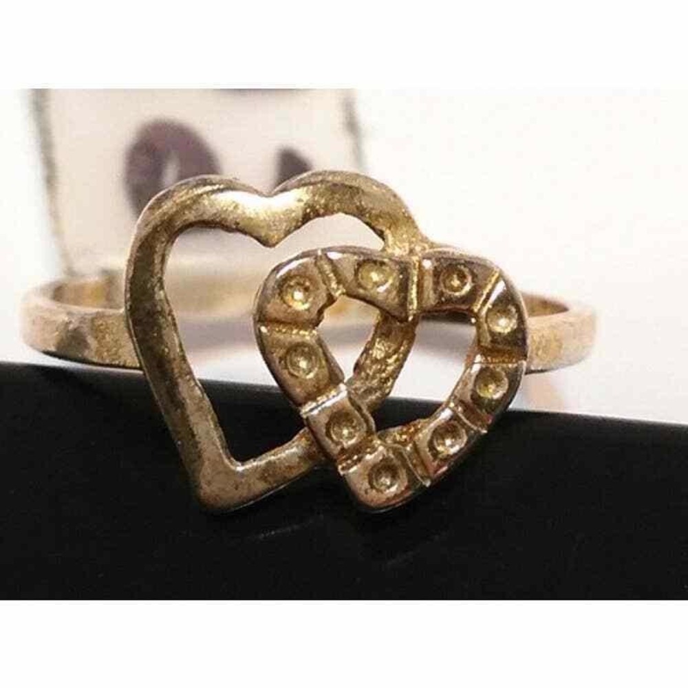 New Vintage Sterling Silver Plated Two Joined Hearts Ring Size 6 Pinkie Love NOS